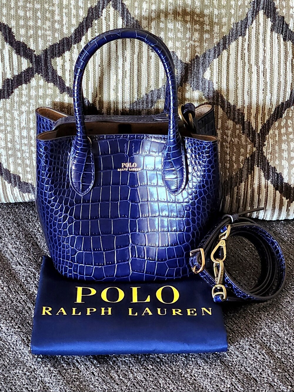 💙HTF Polo Ralph Lauren💙 - Royal Blue Mini Croc-Embossed Bellport Bag - Picture 2 of 14